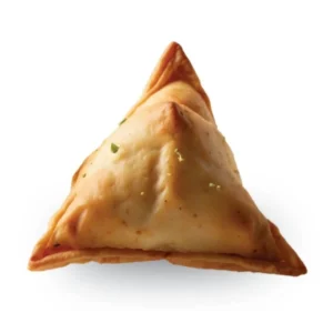 A single triangular samosa on a white background.