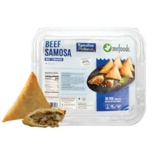 Packaged beef samosas with one cut open showing filling.