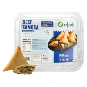 Packaged beef samosas with a serving suggestion image.