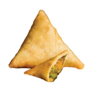 Two golden, crispy samosas, one cut open showing the vegetable filling.