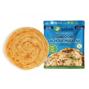 Frozen stuffed paratha with packaging showing spinach and cottage cheese filling.