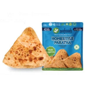 Triangle-shaped frozen paratha with packaging.