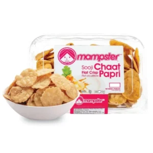 Mompsar Sooji Chaat Papri snack pack with bowl of crispy papri.