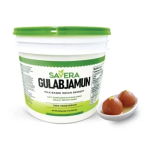 Container of Sabera Gulab Jamun dessert with a small plate of gulab jamuns.