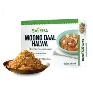 Savera Moong Daal Halwa dessert in a bowl and packaging.