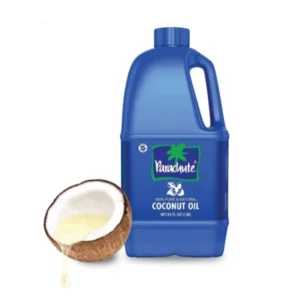 Blue bottle of Tropical 100% coconut oil with a coconut beside it.