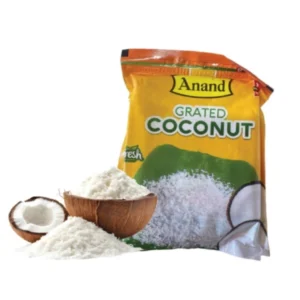 Packaged grated coconut with shredded coconut and halves of coconut.