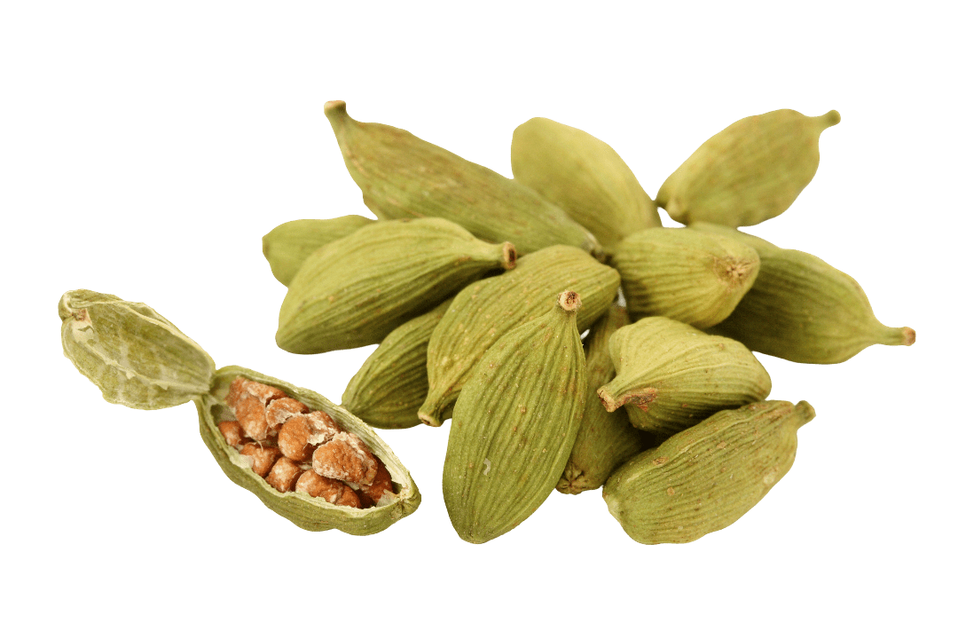 Green cardamom pods with some opened to reveal seeds.