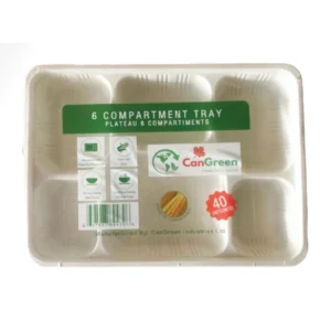6-compartment biodegradable food tray for eco-friendly meal serving.