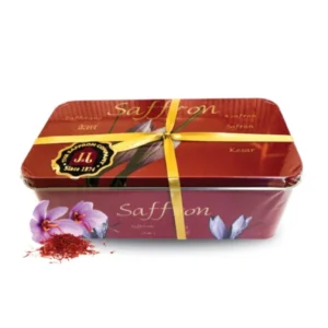 Rectangular red metal tin with saffron and floral design.