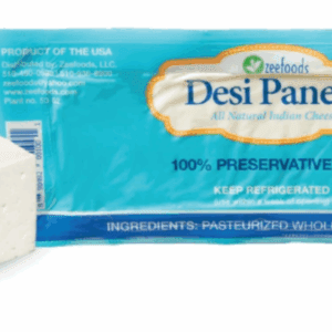 A pack of Desi Paneer cheese labeled with natural Indian cheese ingredients.