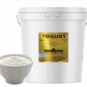 Large white bucket of yogurt with a small bowl of yogurt beside it.