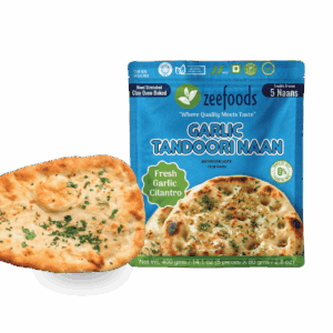 Garlic Tandoori Naan bread with packaging and a piece served.