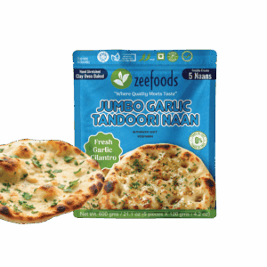 Packaged jumbo garlic tandoori naan bread with fresh garlic flavor.