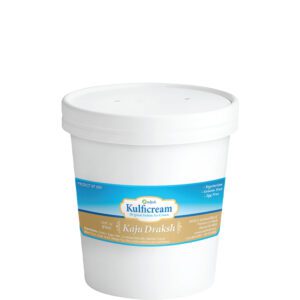 White plastic container with a blue and beige label.