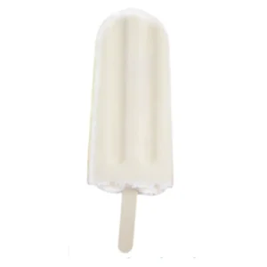 A creamy white popsicle on a wooden stick.