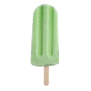Green popsicle on a wooden stick.