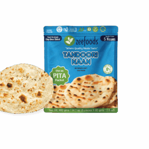 Packaged naan bread with one piece displayed beside the pack.